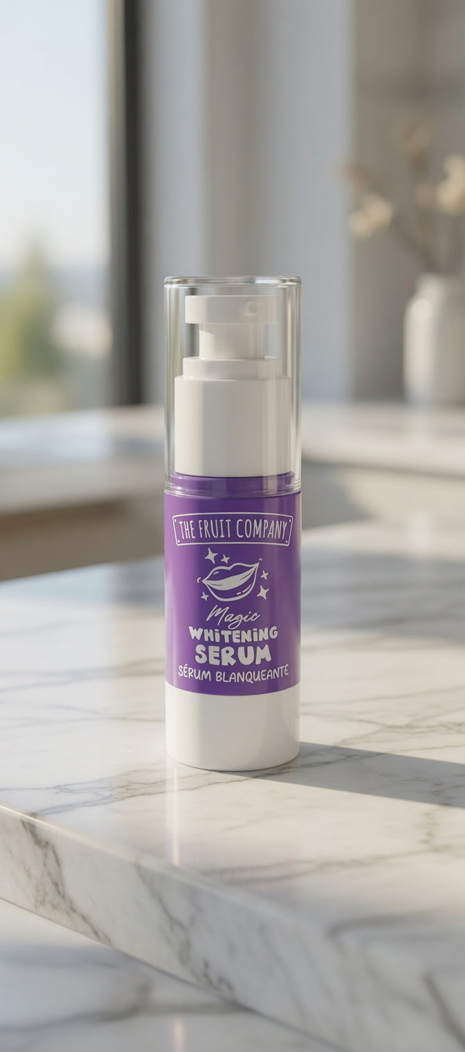 Serum bottle with purple label on a marble surface