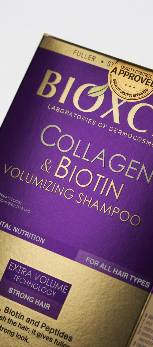 BIOXCIN Collagen & Biotin šampūnas – pakuotė ir sudedamosios dalys