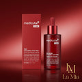 Medicube Red Succinic Acid Peel serum bottle and packaging on a red background
