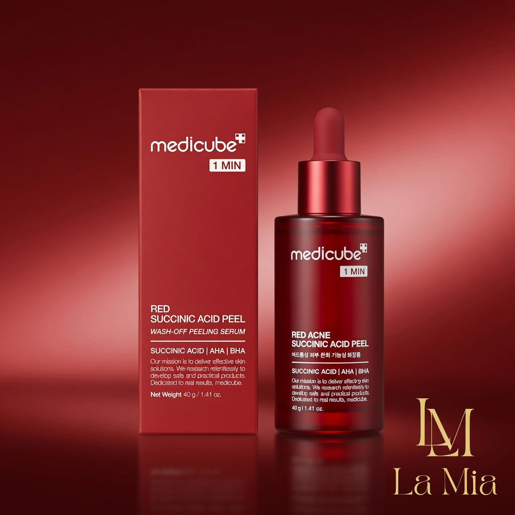 Medicube Red Succinic Acid Peel serum bottle and packaging on a red background
