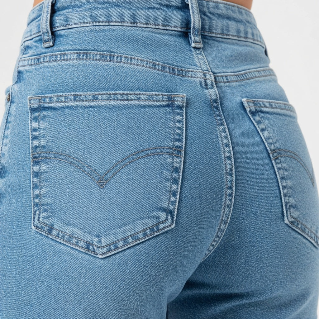 Close-up of blue jeans with a Levi's logo on the back pocket.