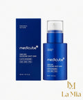 Blue skincare product and packaging with 'medicube' branding on a white background.