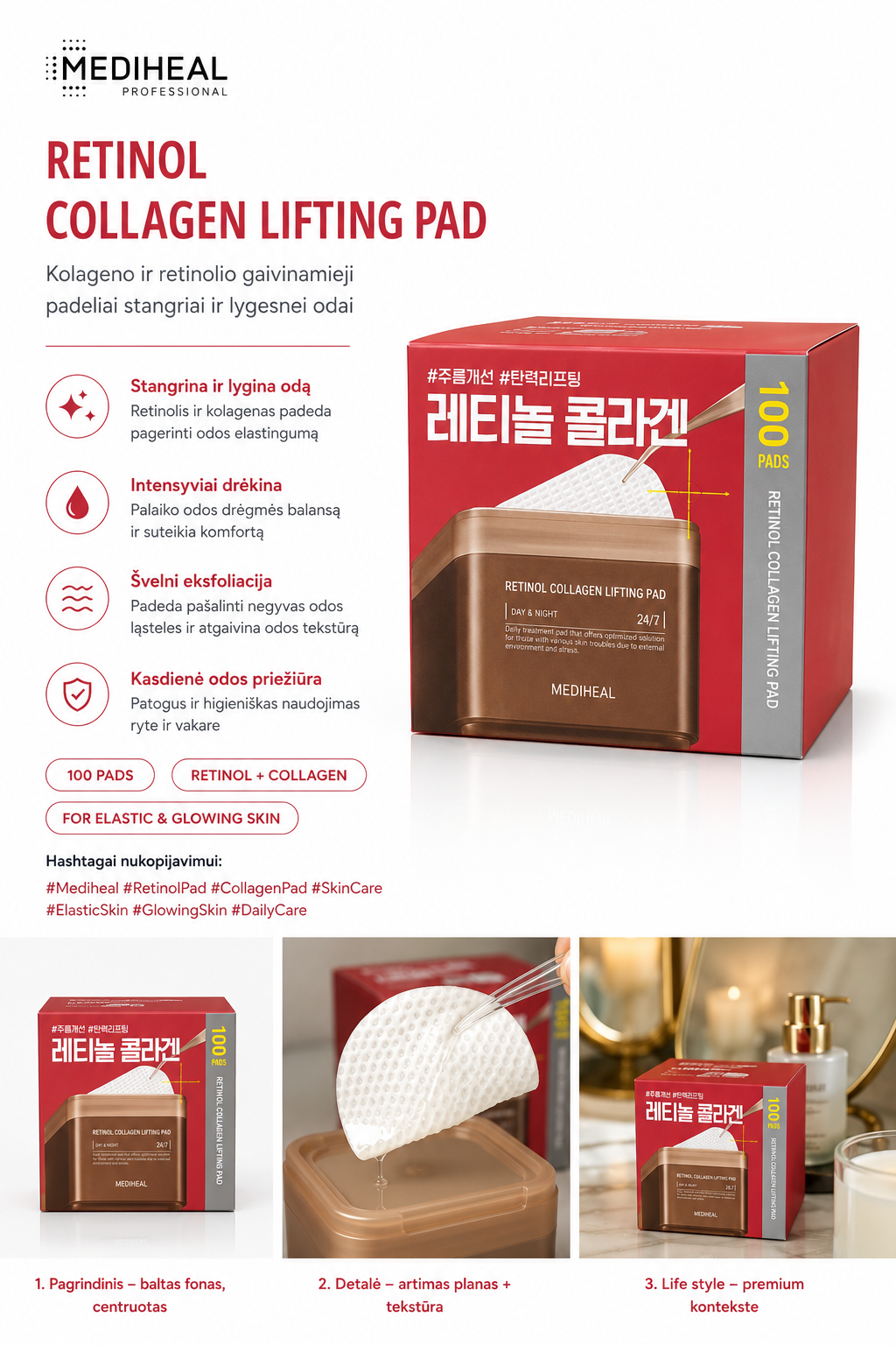 MEDIHEAL Retinol Collagen Lifting Pad packaging with product display and text.