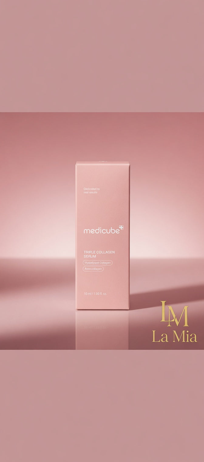 Pink skincare product packaging with 'La Mia' branding on a matching pink background