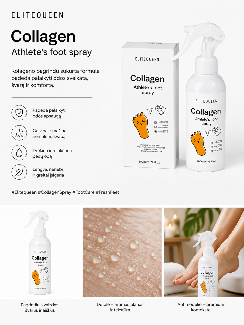 Elitequeen Collagen Athlete's foot spray packaging and usage on feet with text and images.