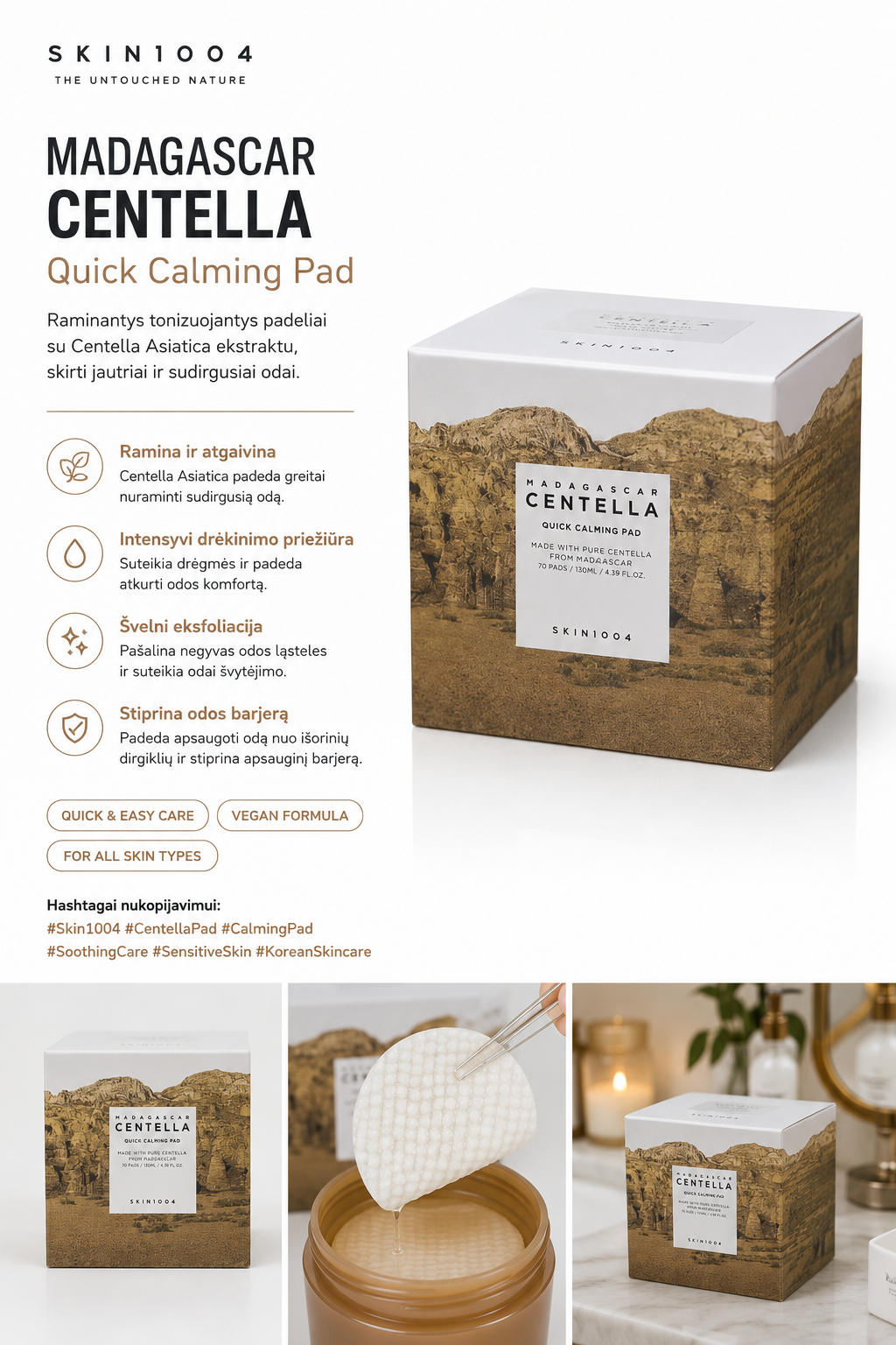SKIN1004 Madagascar Centella quick calming pad packaging with product usage images on a white background.