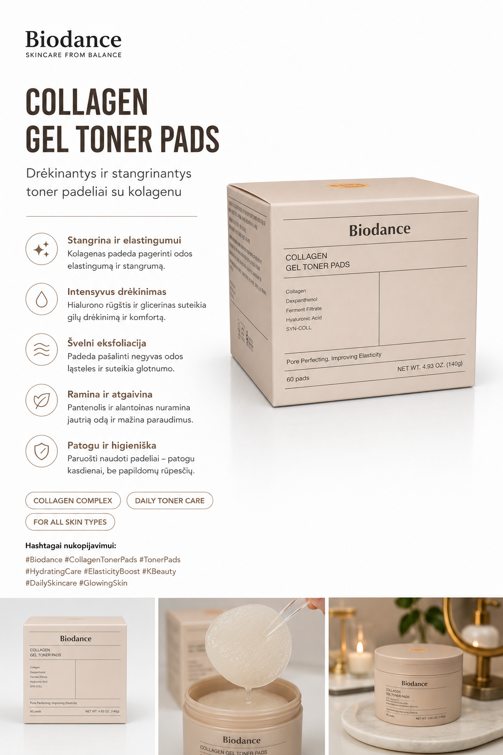 Biodance Collagen Gel Toner Pads packaging with product images and text on a white background