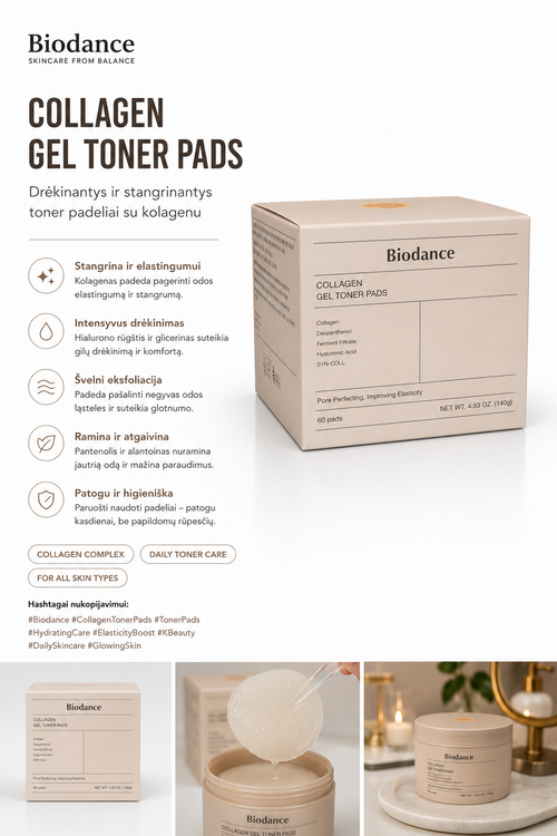 Biodance Collagen Gel Toner Pads packaging with product images and text on a white background