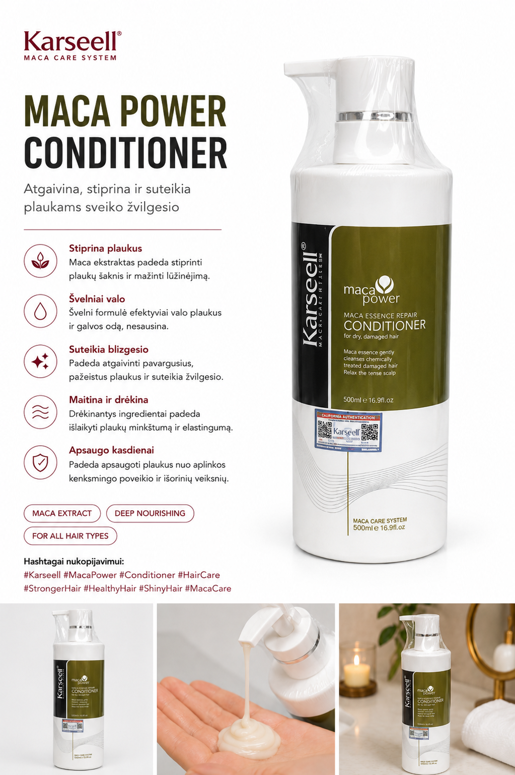 Karseell Maca Power Conditioner bottle with product details and usage images on a white background