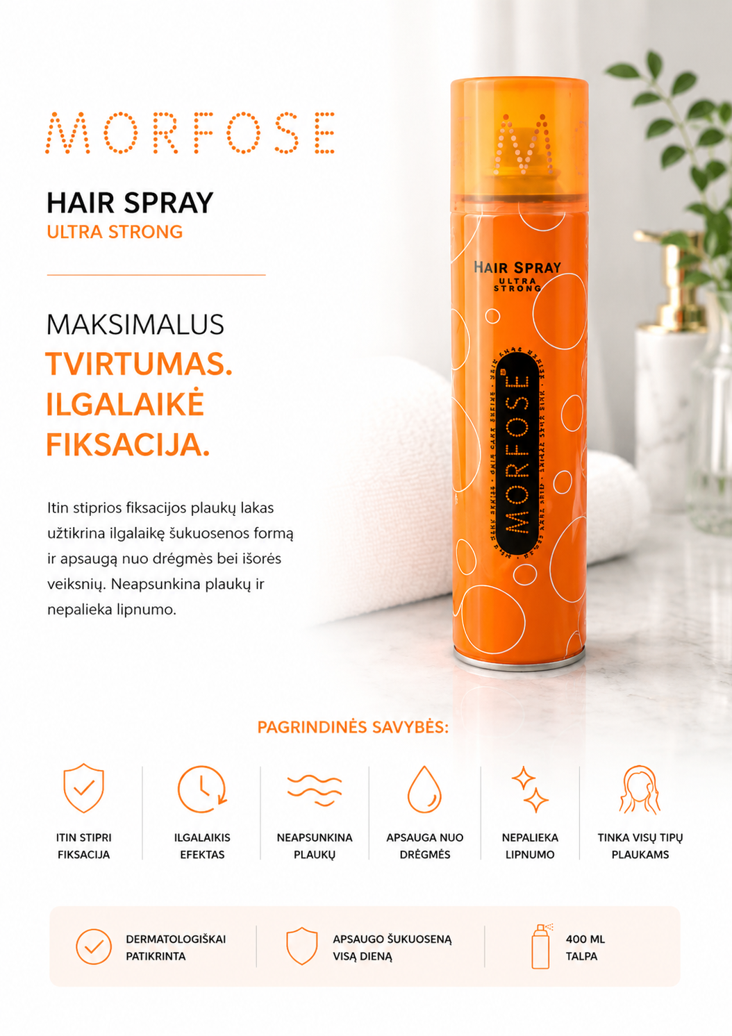 MORFOSE Hair Spray Ultra Strong – naudojimas ir rezultatas