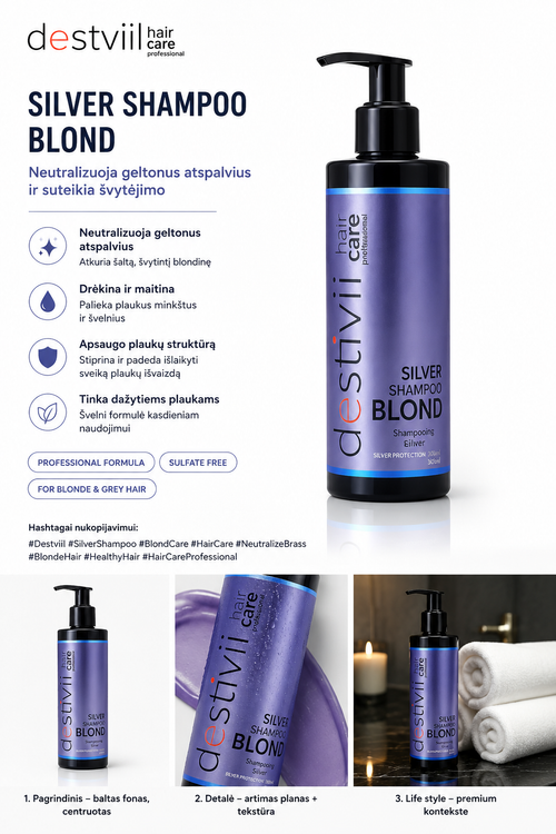 destvii hair care Silver Shampoo Blond bottle with product details on a white background