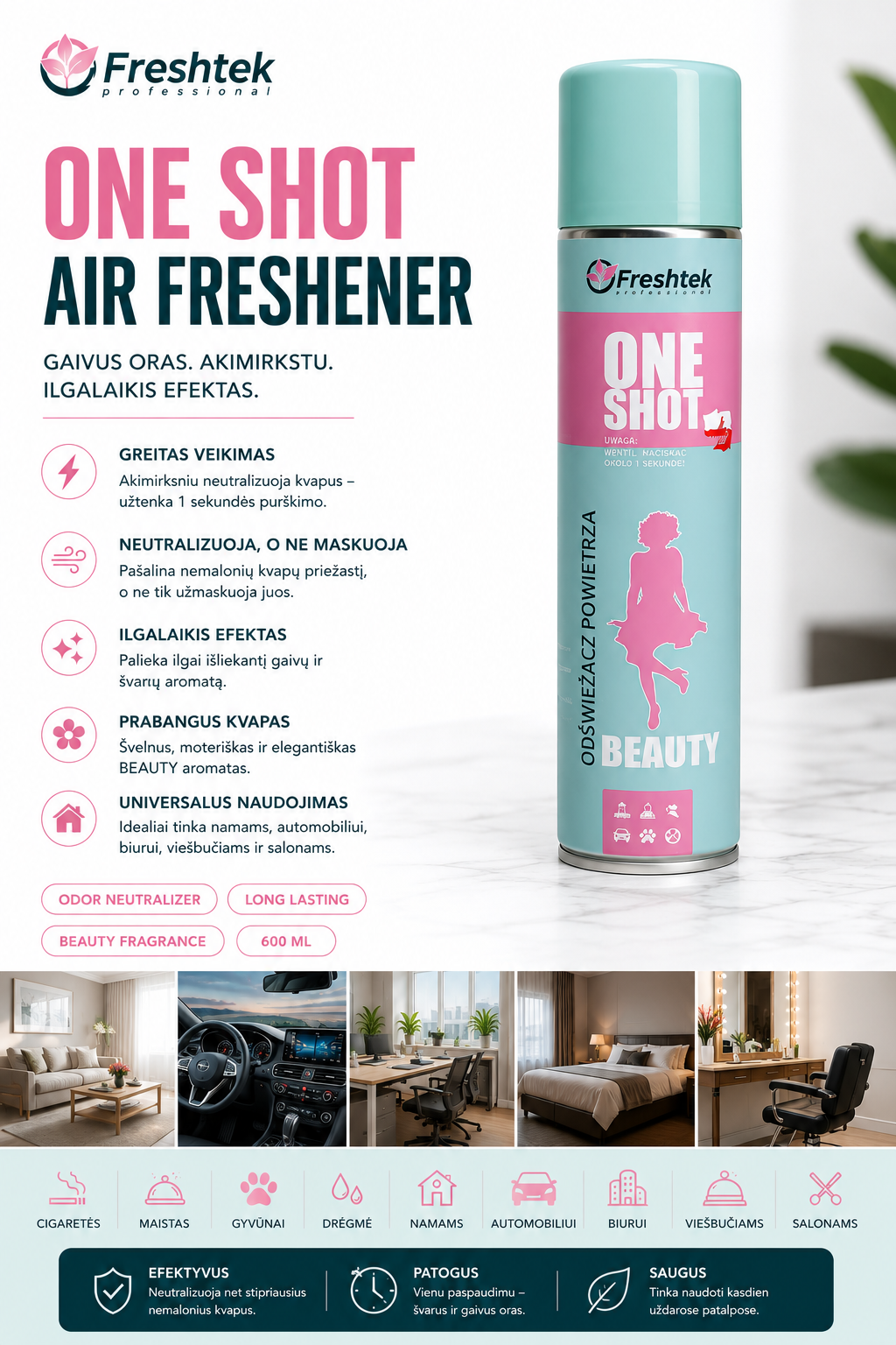 Freshtek One Shot air freshener can with product details and usage scenarios.
