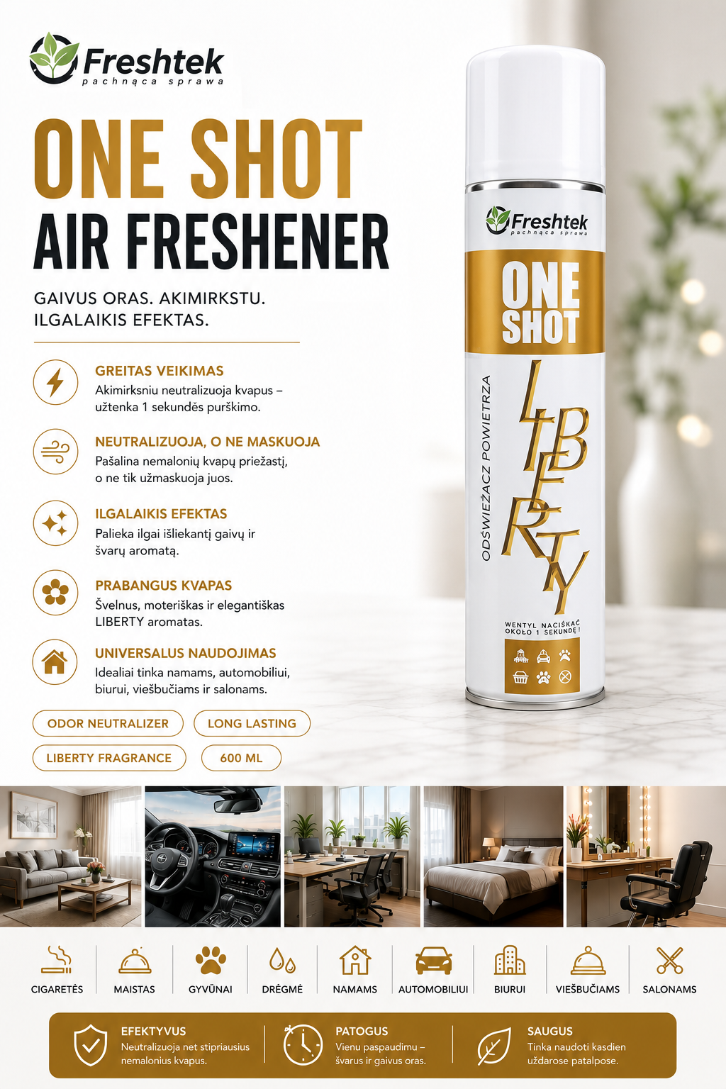 Freshtek One Shot air freshener can with product details and usage scenarios.