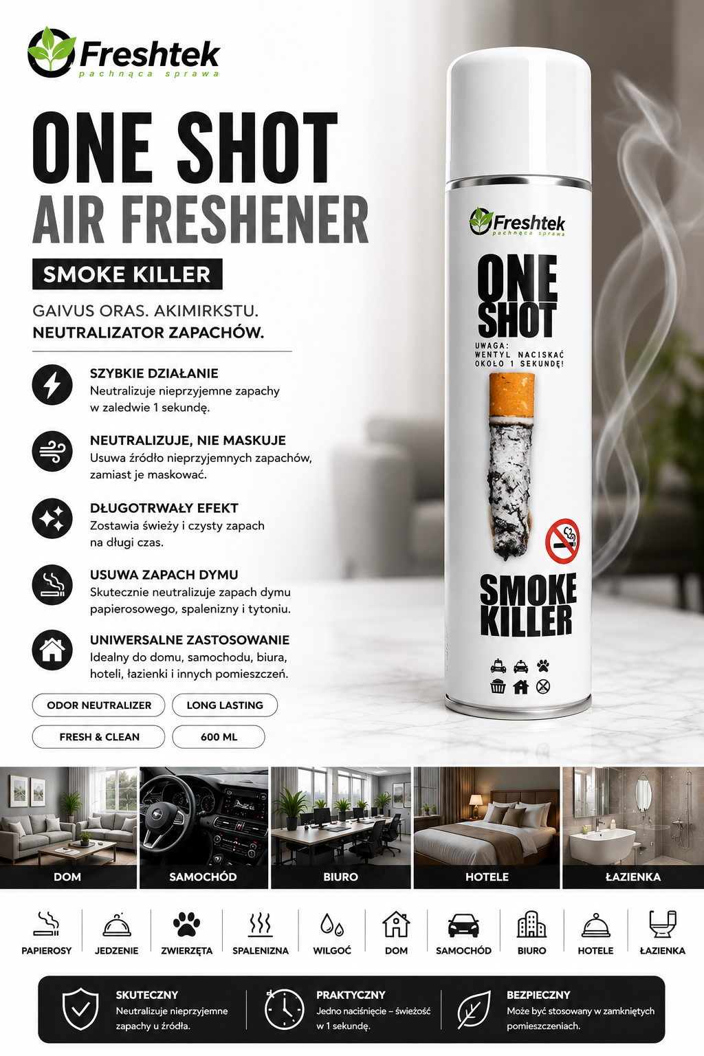 Freshtek One Shot Air Freshener Smoke Killer spray can with product details and usage scenarios.