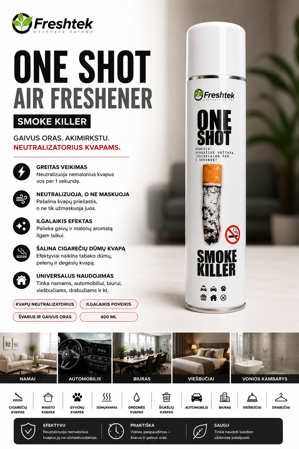 FreshTek One Shot oro gaiviklis ir kvapų neutralizatorius 600 ml