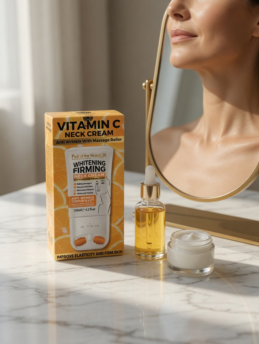Fruit of the World Neck Cream – masažo volelio detalė ir kremo tekstūra