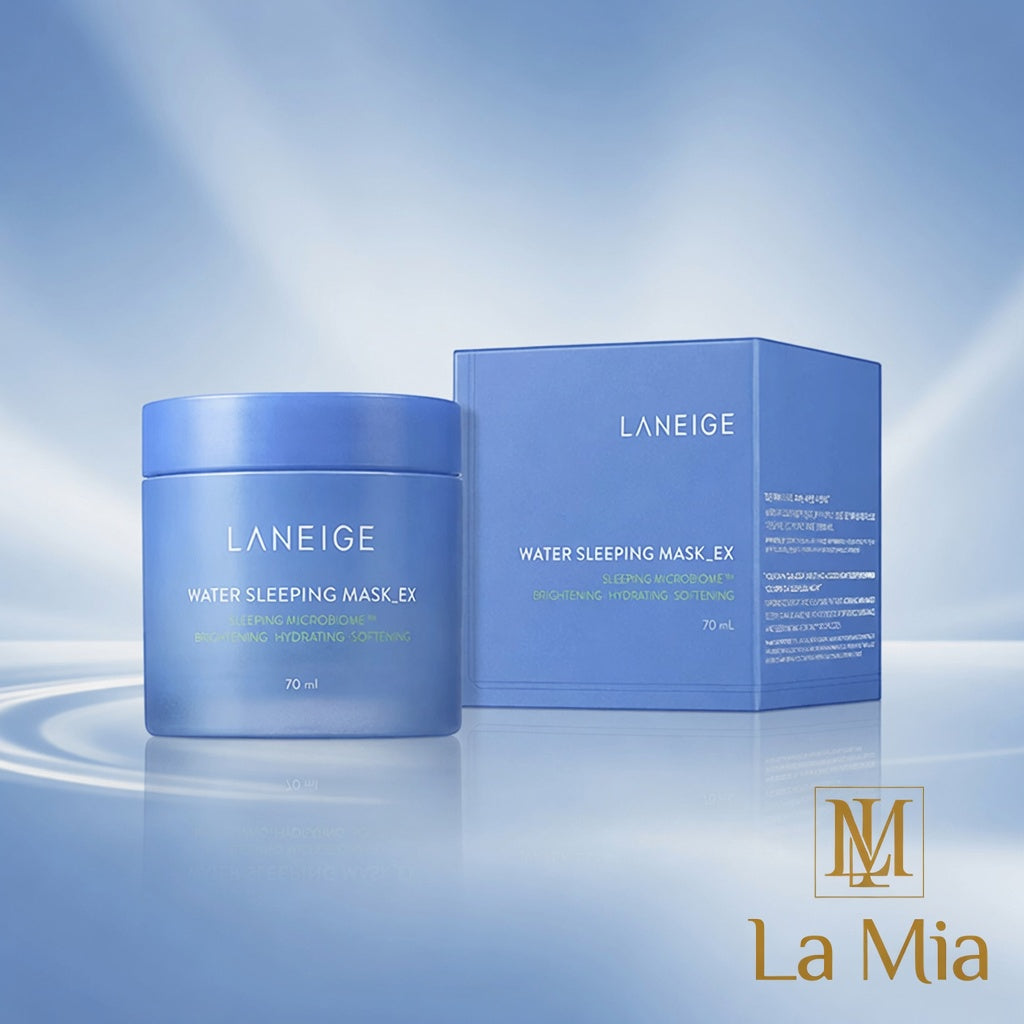 Laneige Water Sleeping Mask EX with packaging on a blue gradient background
