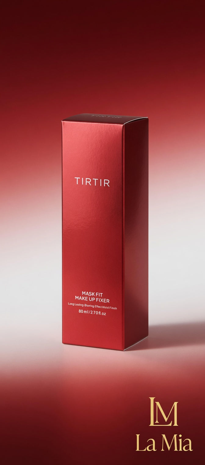 Red TIRTIR skincare product box on a gradient red background