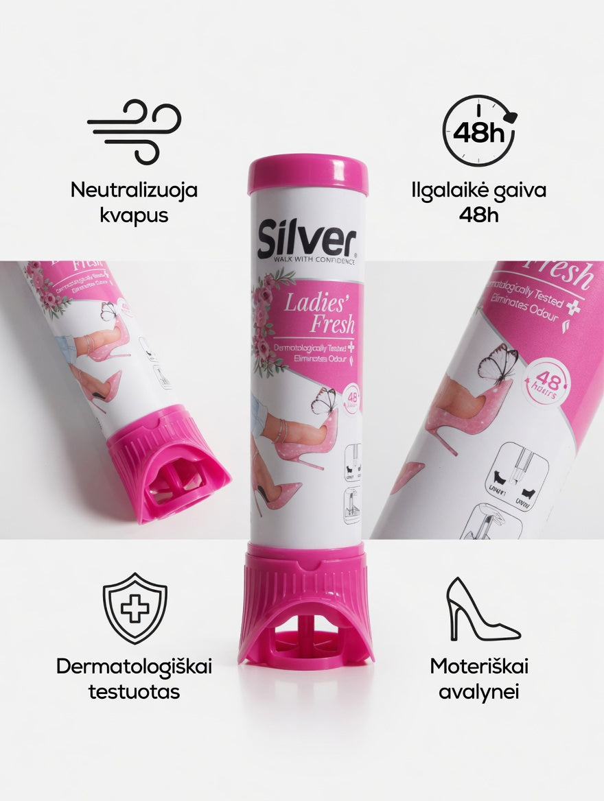 SILVER Ladies' Fresh batų dezodorantas šalia moteriškos avalynės – ilgalaikė gaiva iki 48 val.