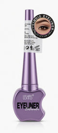 Purple eyeliner bottle with label on a white background