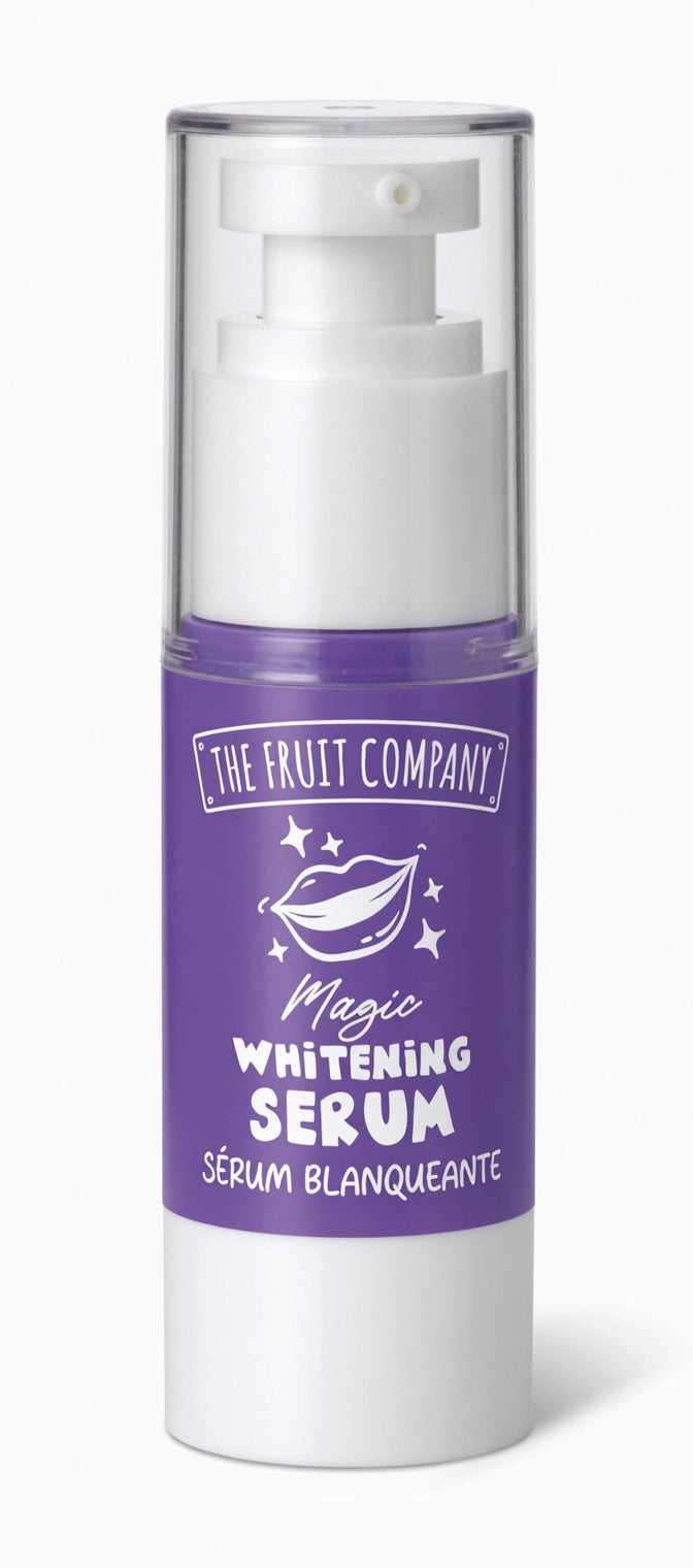 White serum bottle with purple label on a white background