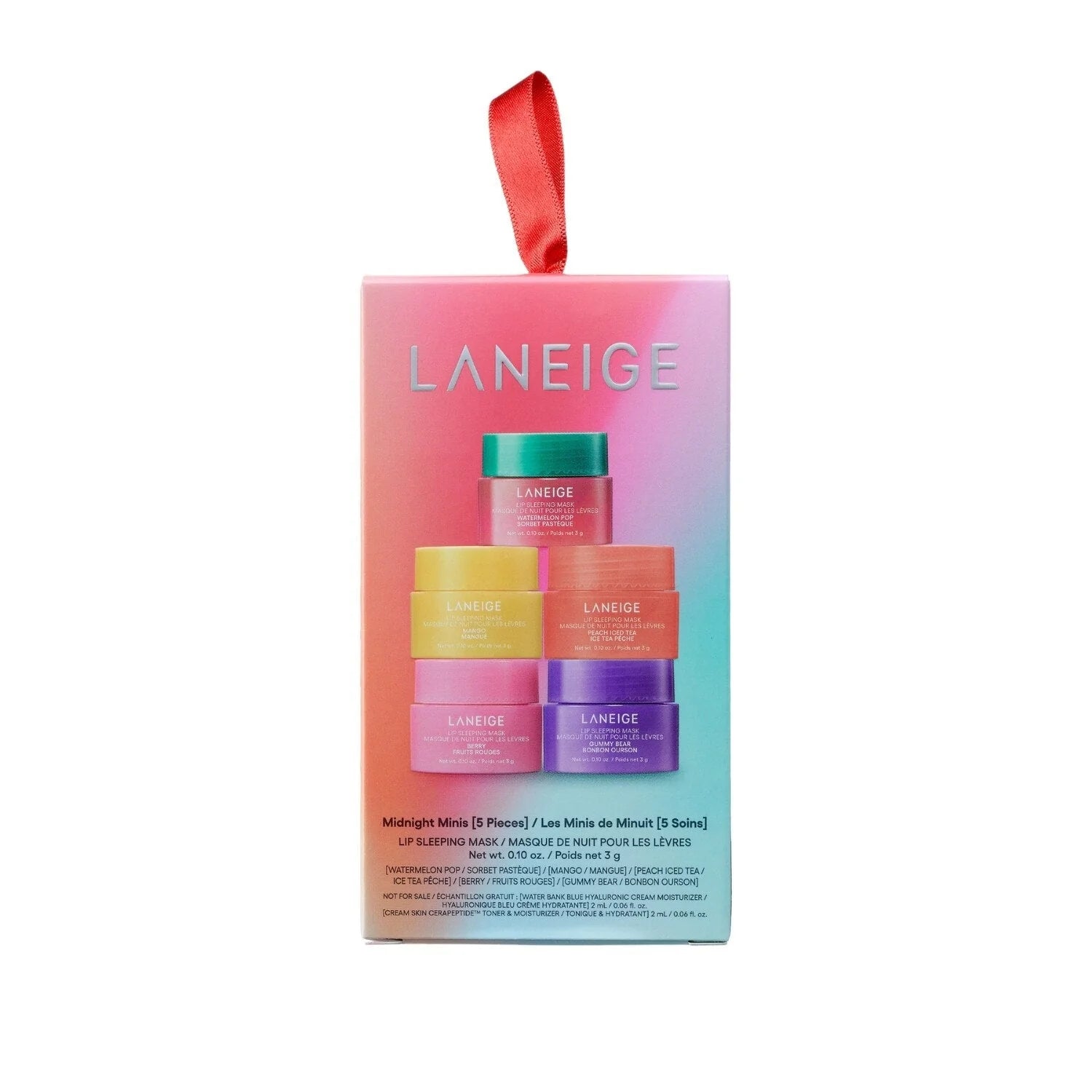 Laneige lip balm set packaging with colorful lip balms and a red ribbon on a white background