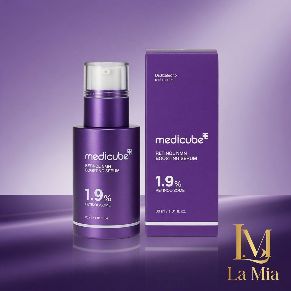 Purple Medicube serum bottle and packaging on a purple background