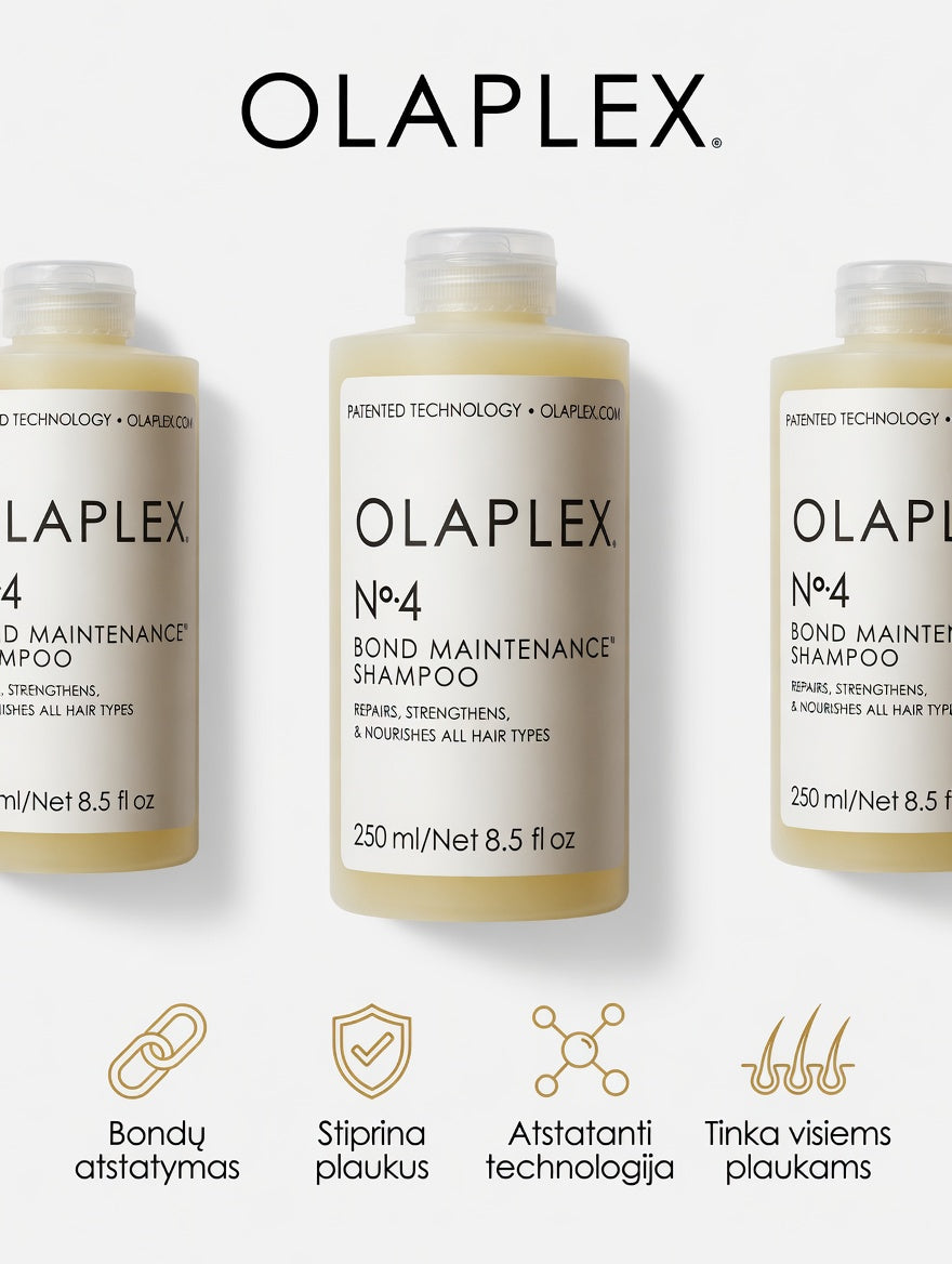 OLAPLEX No.4 – Bond Maintenance technologija, stiprina ir atstatymo plaukų ryšius