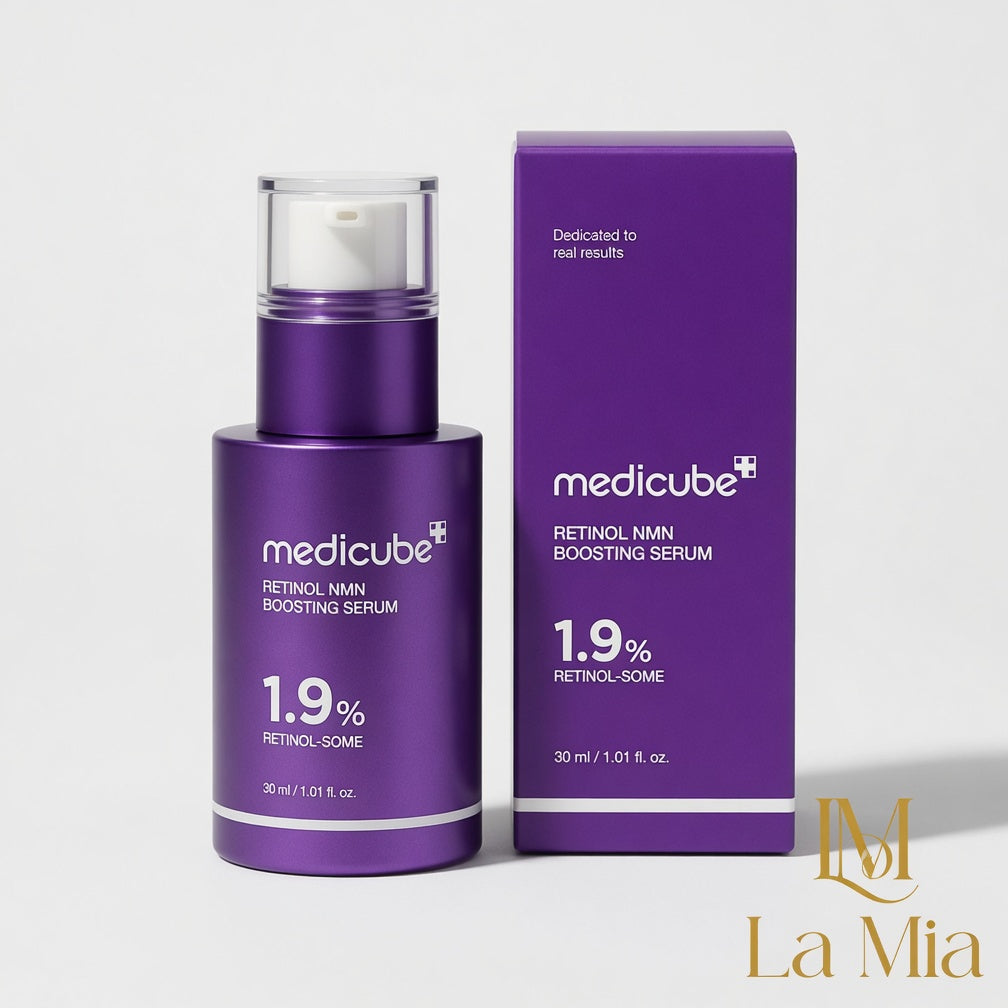 Purple Medicube serum bottle and packaging on a white background