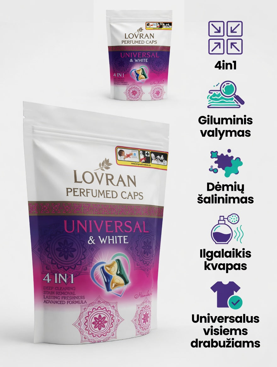 LOVRAN Perfumed Caps | Kvapnūs Skalbimo Kapsulės Baltiems Drabužiams | 4in1