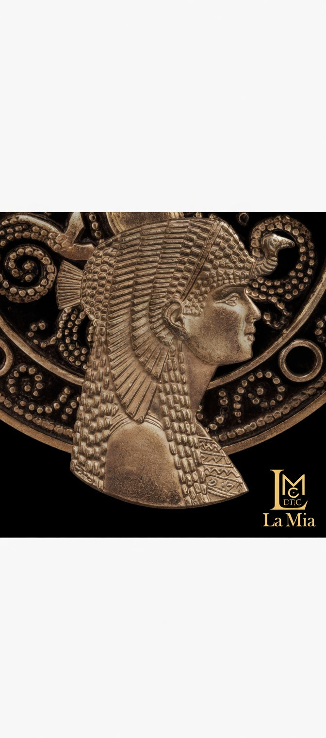 Bronze-colored emblem of a pharaoh with intricate details on a black background, featuring the brand 'La Mia'.