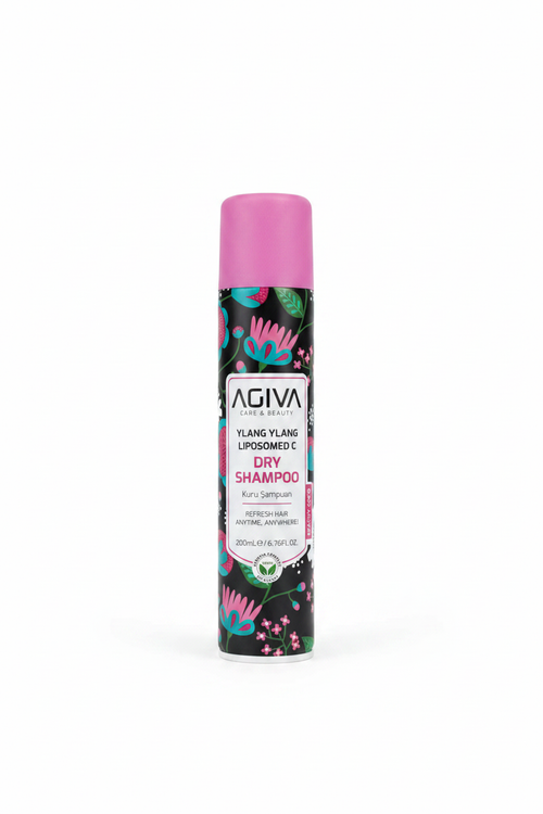 AGIVA Ylang Ylang Liposomed C Dry Shampoo 200ml – originalios pakuotės nuotrauka tamsiu gėlių dizainu