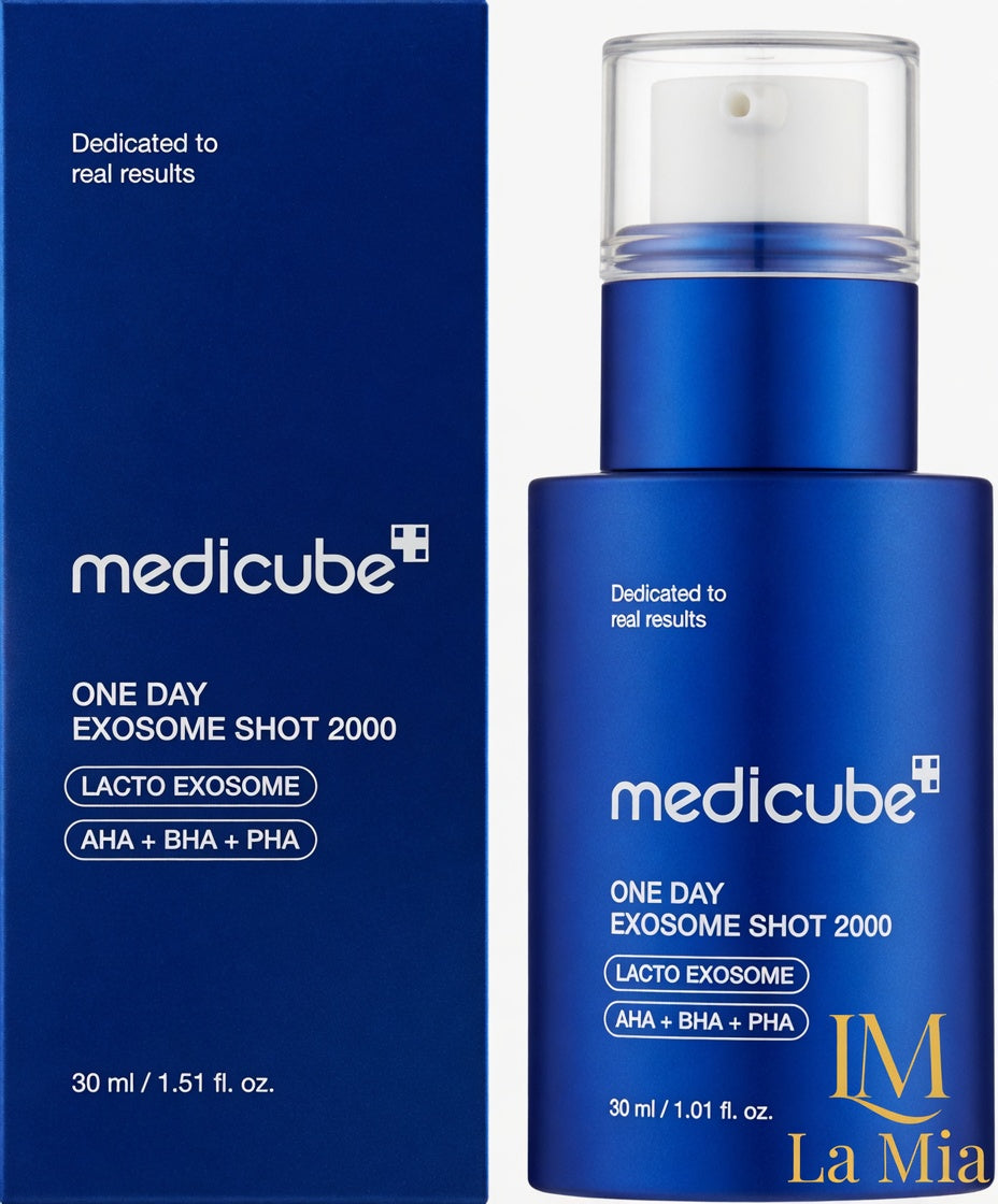 Medicube One Day Exosome Shot 2000 skincare product with packaging on a white background