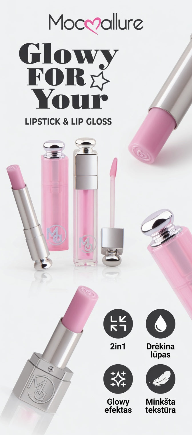 Mocallure Glowy For Your rinkinys – lūpdažis ir blizgesys rožiniu atspalviu