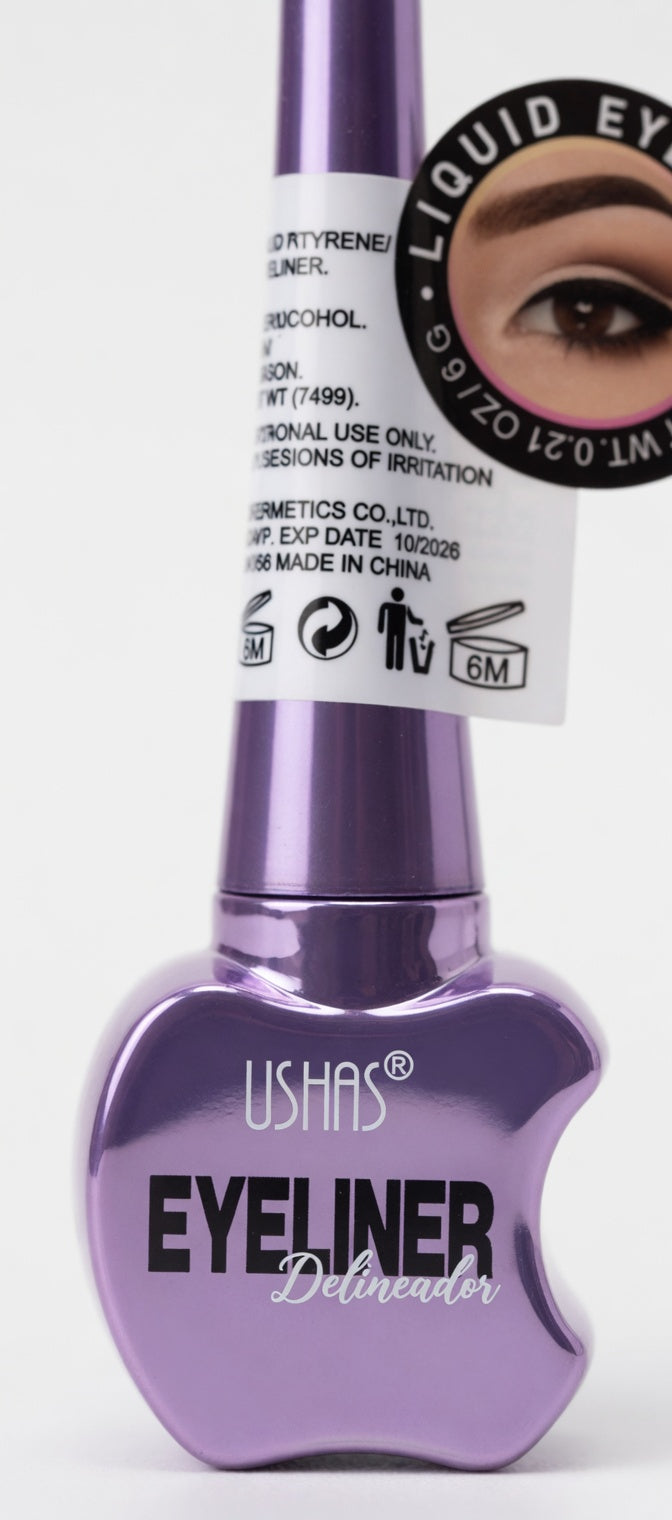 Purple eyeliner bottle with label on a white background