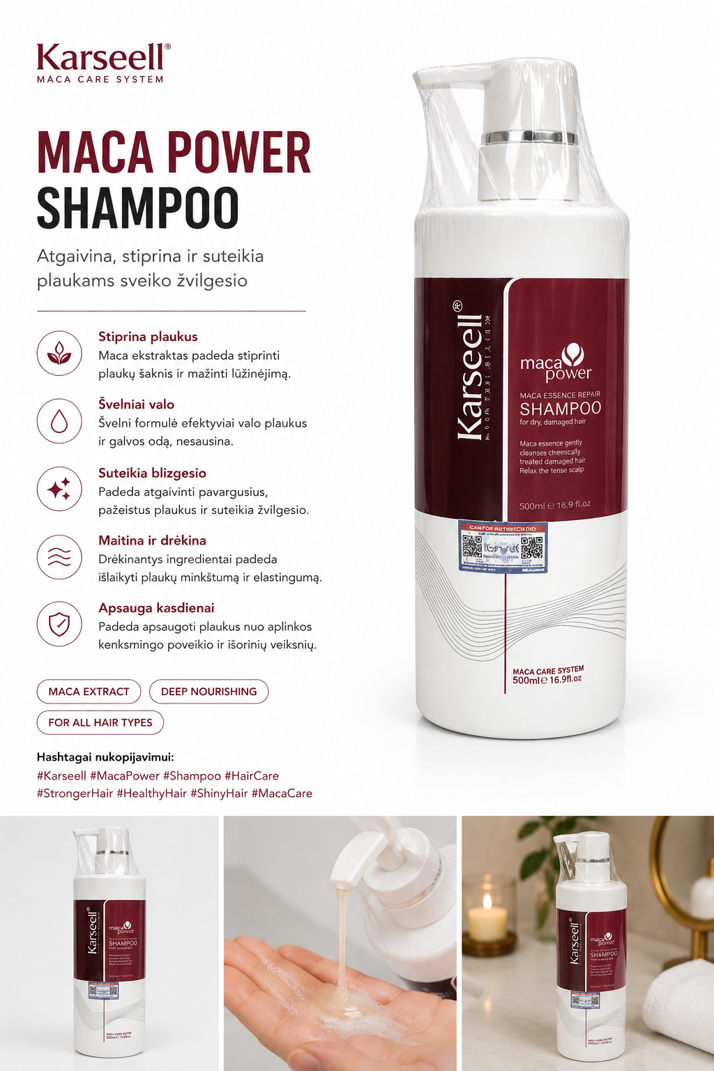 Karseell Maca Power Shampoo packaging with product images and text on a white background