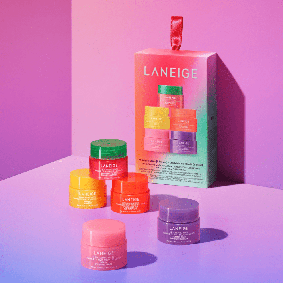 LANEIGE skincare products with a colorful box on a gradient pink and purple background