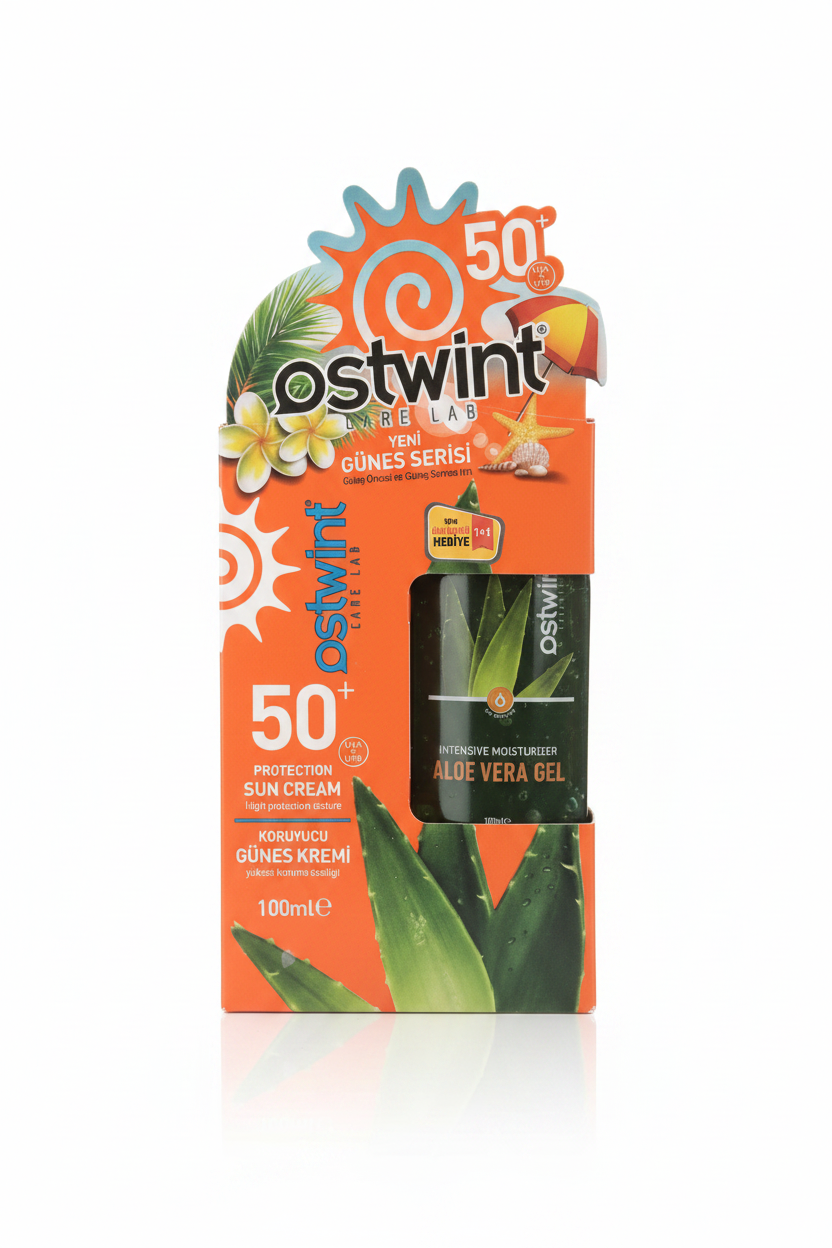 Ostwint Care Lab SPF 50+ saulės kremas ir alavijo gelis – produkto nuotrauka baltame fone, 100ml+100ml rinkinys