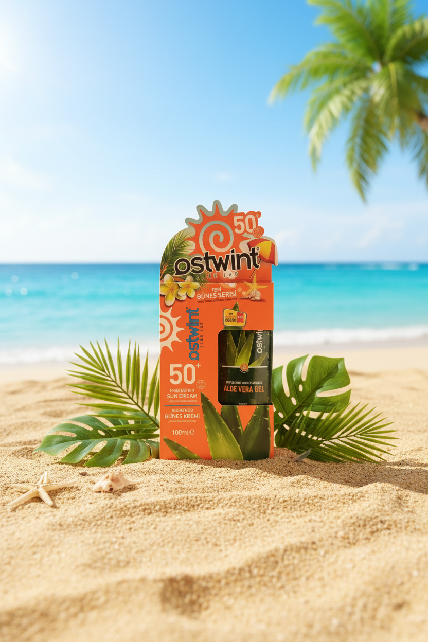 Ostwint SPF 50+ saulės apsaugos rinkinys – lifestyle nuotrauka paplūdimio aplinkoje su tropiniais lapais
