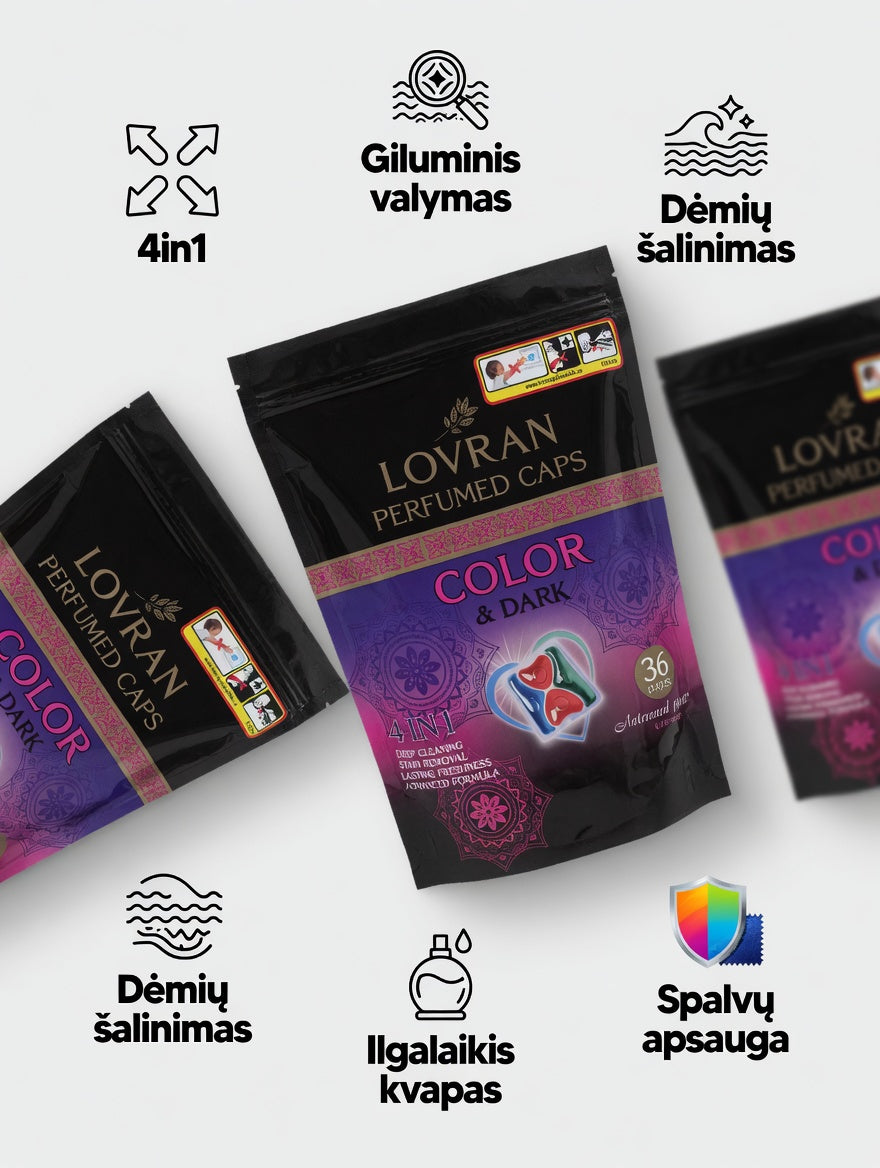 LOVRAN Perfumed Caps Color & Dark – pakuotė ir kapsulių spalvos