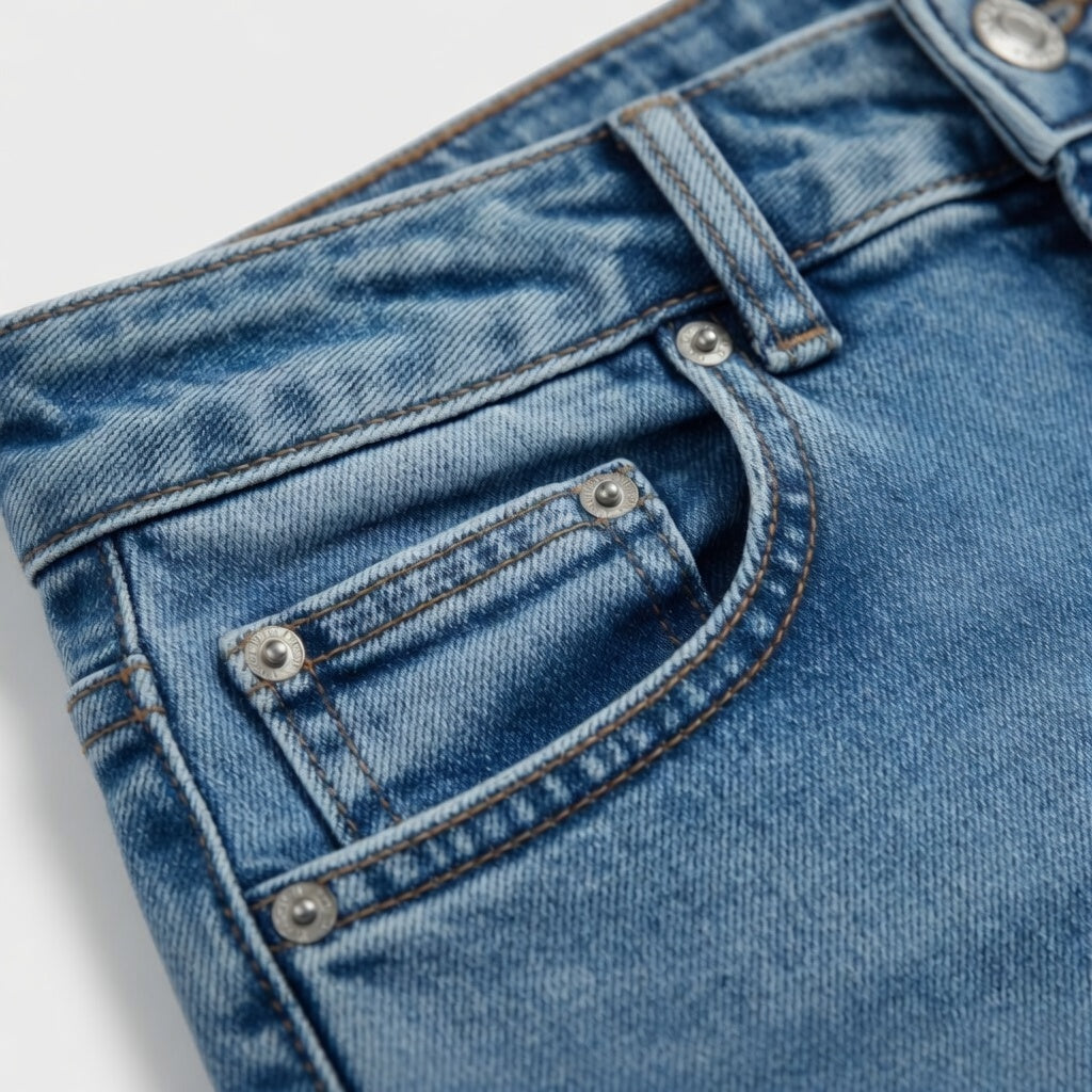 Close-up of blue denim jeans with stitching details on a light gray background
