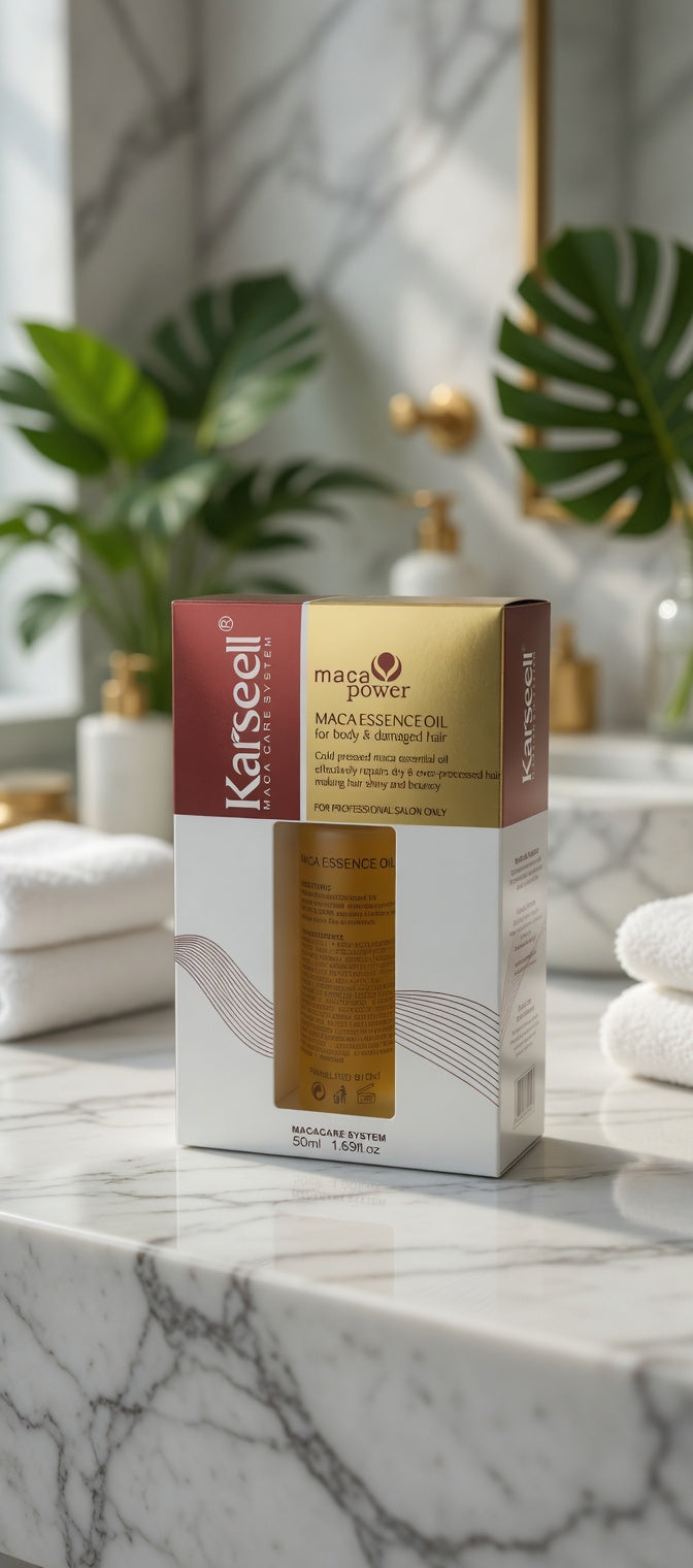 Kansell hair care product packaging on a marble surface with a blurred bathroom background
