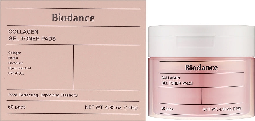 Biodance collagen gel toner pads packaging with pink box and container.