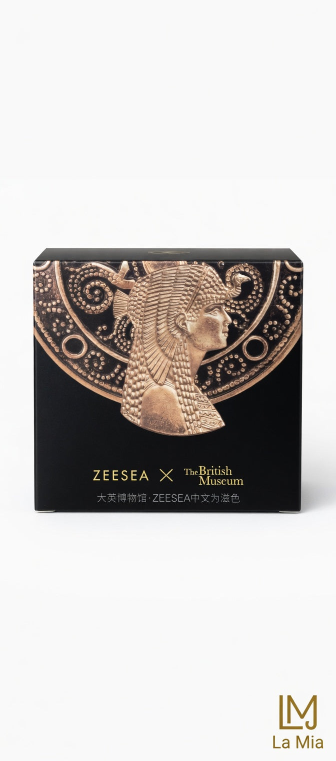 Product packaging with decorative design and text on a white background
