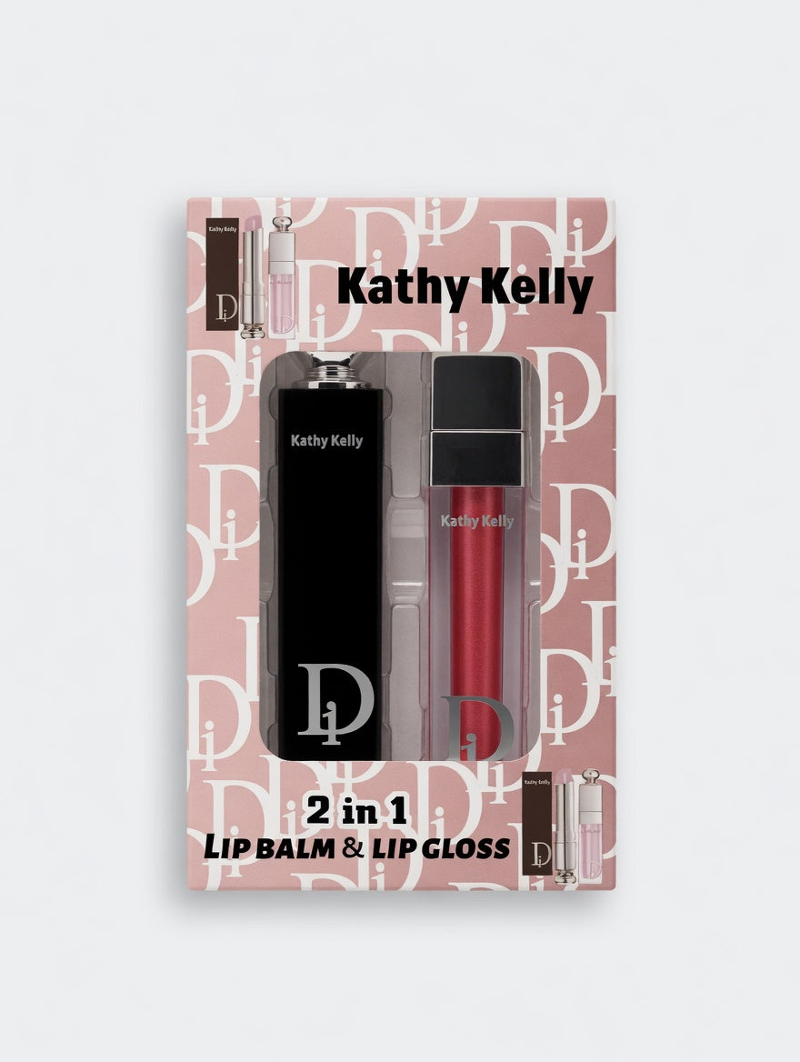 Kathy Kelly 2 in 1 Lip Balm & Lip Gloss – maitinantis lūpų balzamas ir blizgesys rinkinyje