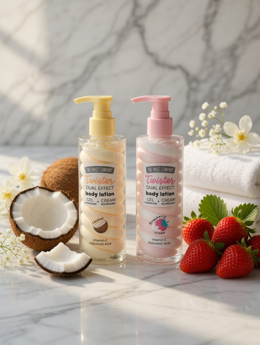 THE FRUIT COMPANY Twister Dual Effect Body Lotion 200ml – dviejų efektų kūno losjonas su Vitaminu C ir Hialurono rūgštimi
