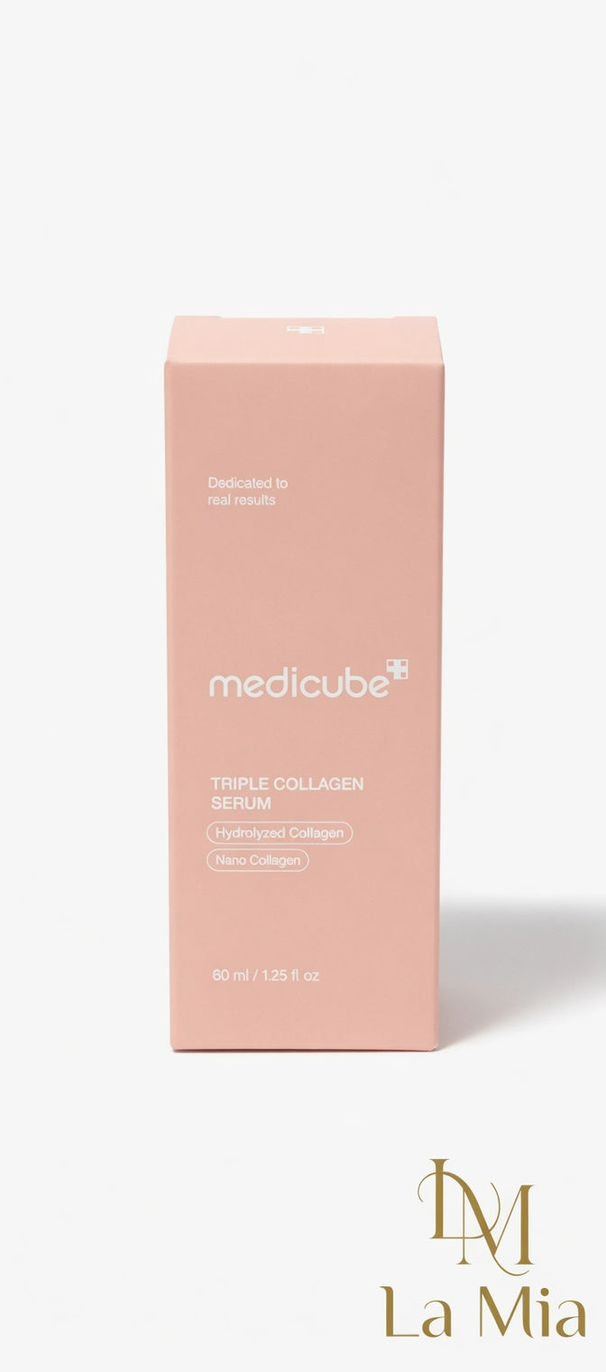 Pink packaging of Medicube Triple Collagen Serum on a white background
