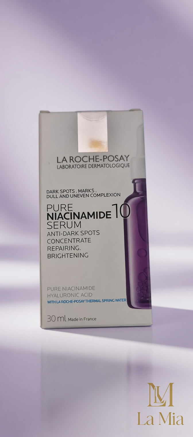La Roche-Posay Pure Niacinamide Serum packaging on a purple background