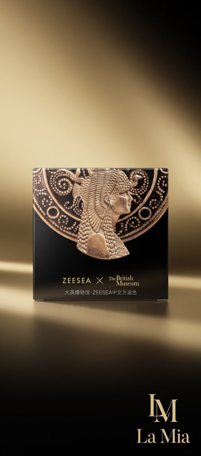 Product packaging with intricate design and text on a dark background
