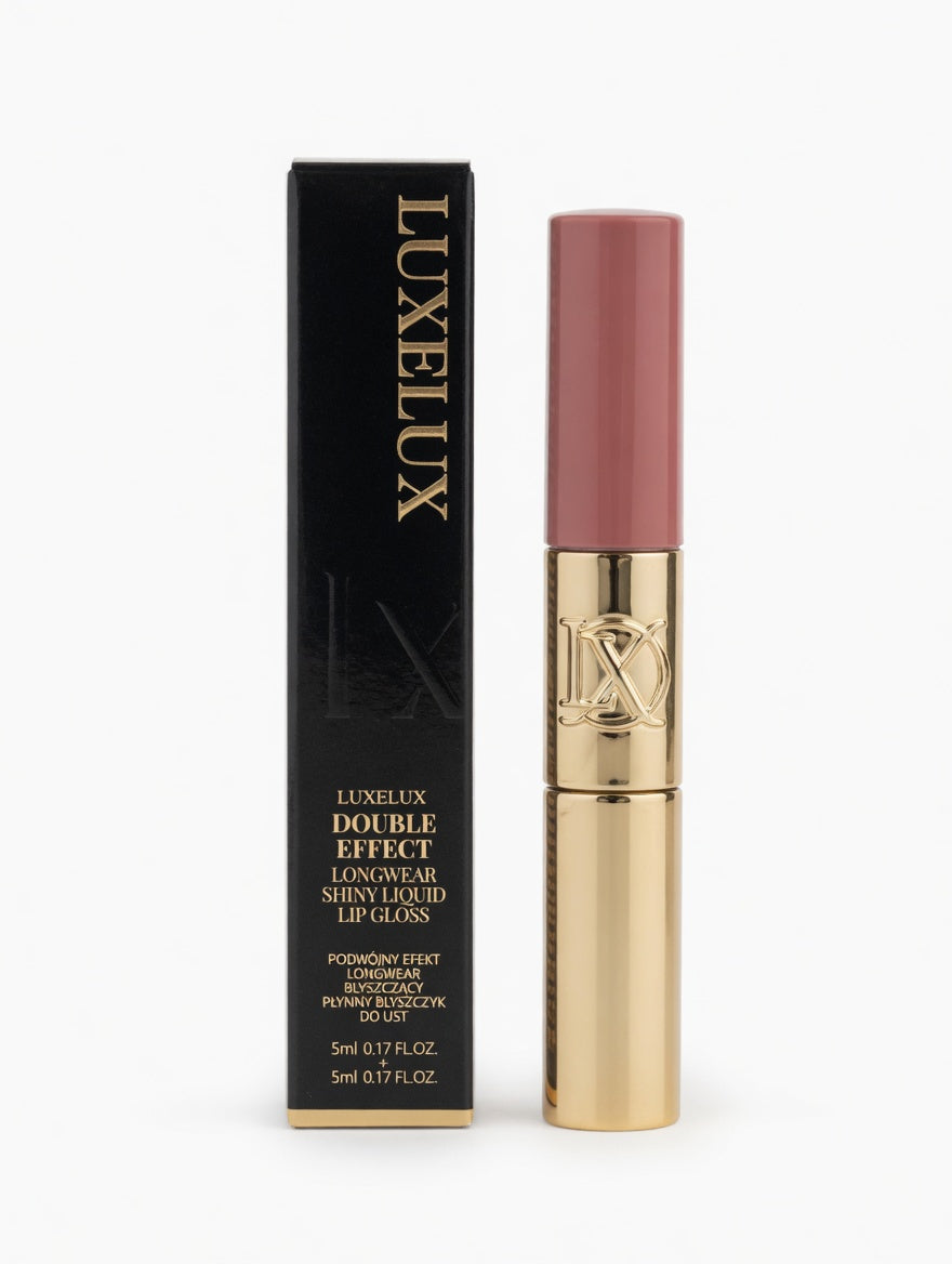 LUXELUX Double Effect Lip Gloss atspalvis 420 – prabangus 2in1 lūpų blizgesys auksinėje pakuotėje